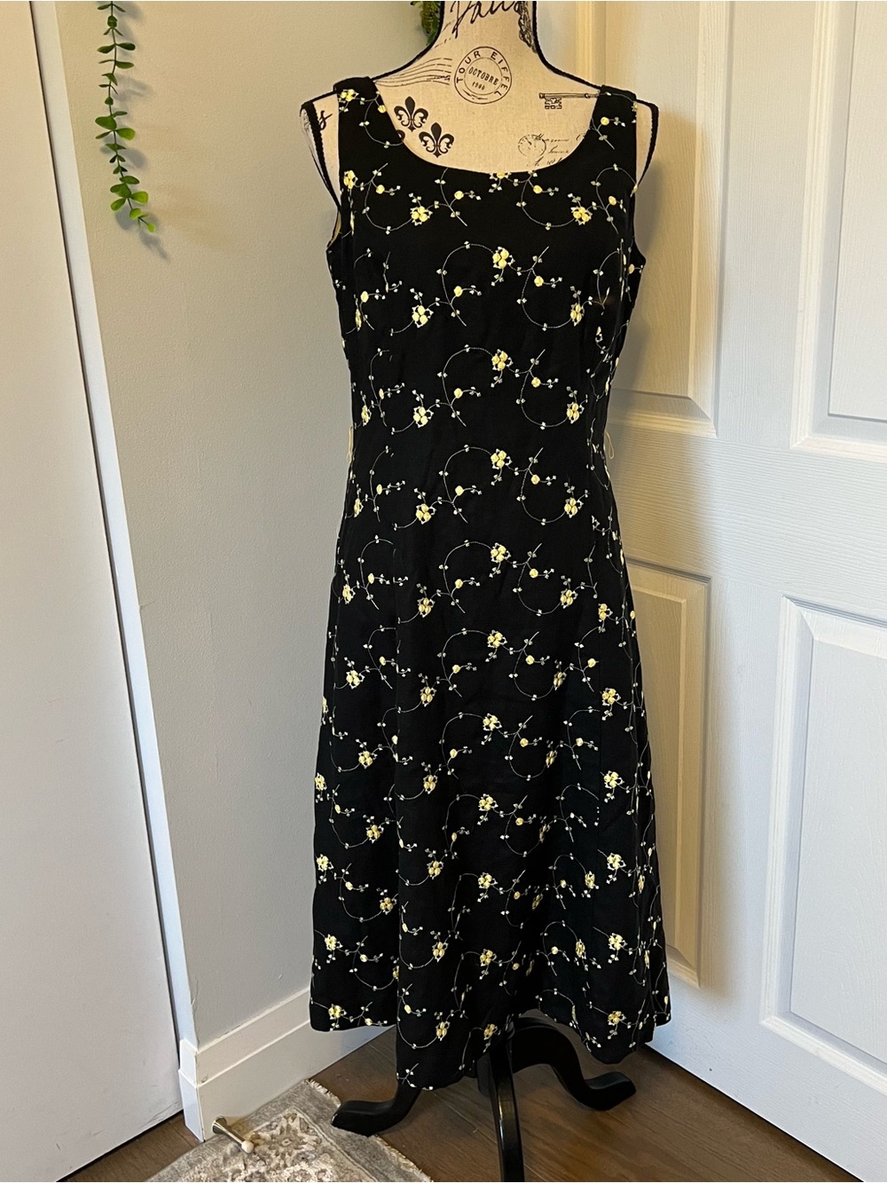 Black Maxi Dress with Yellow Floral Embroidery